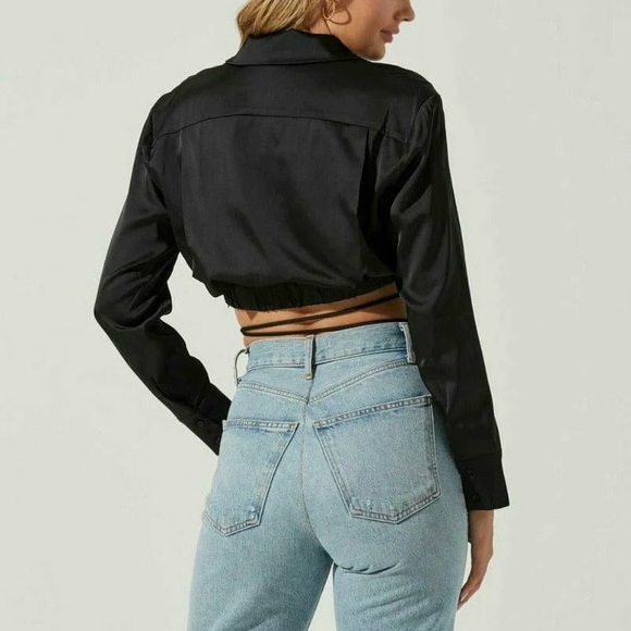 ASTR the Label Black Satin Perry Wrap Tie Perry Shirt & Skirt Set - Picture 4 of 10